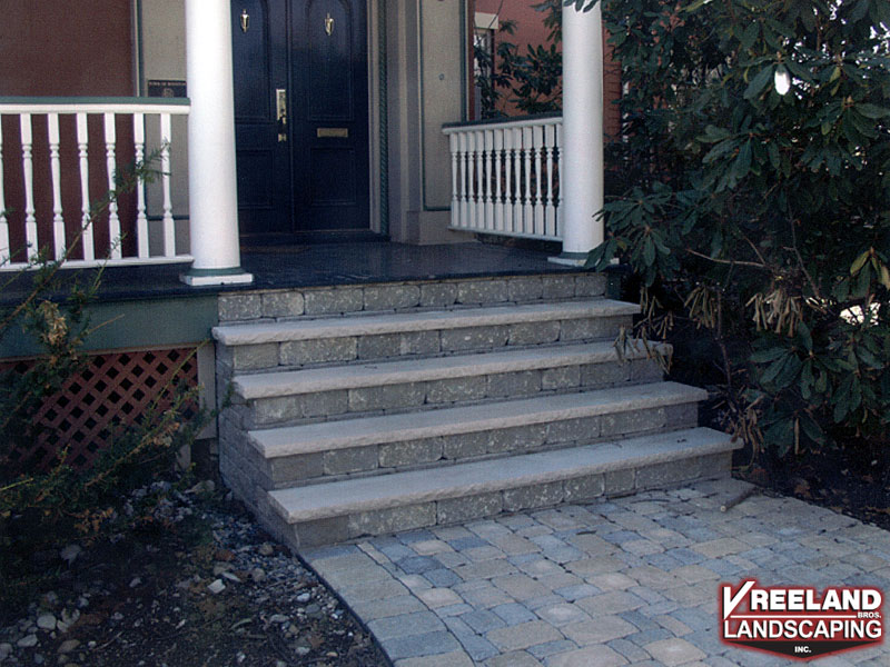 Boonton, NJ, Custom masonry steps tied to existing porch, with paver walkway 