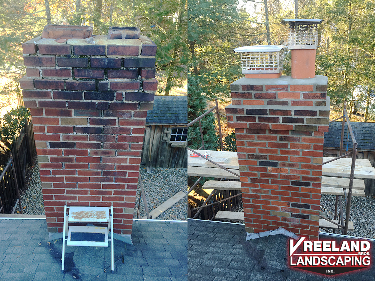 Rockaway Township, NJ, Before & After of a repointed brick chimney.  While apart, Vreeland Brothers restored the bricks to a like new finish. 
