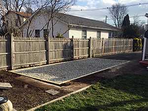 Pompton Lakes, NJ - Site cleared and gravel base installed for a new shed - Vreeland Landscapes