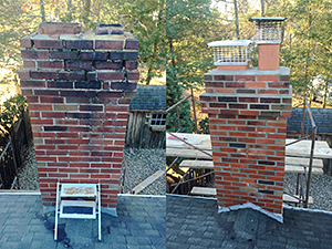 Rockaway Township, NJ - Before & After of a repointed brick chimney.  While apart, Vreeland Brothers restored the bricks to a like new finish. - Vreeland Landscapes